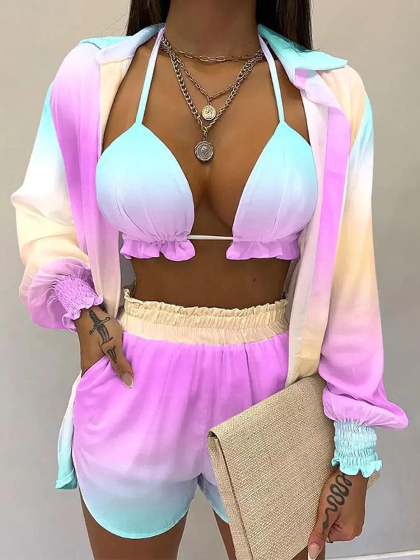 Full Size Halter Neck Cami & Shirt & Shorts 3-Piece Outfit Set Plus Size by Trendsi
