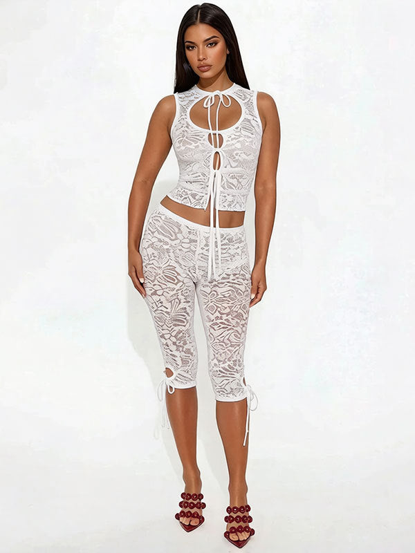 Womens Lace-spliced Backless Top And Shorts Set For Women by Royal Closet