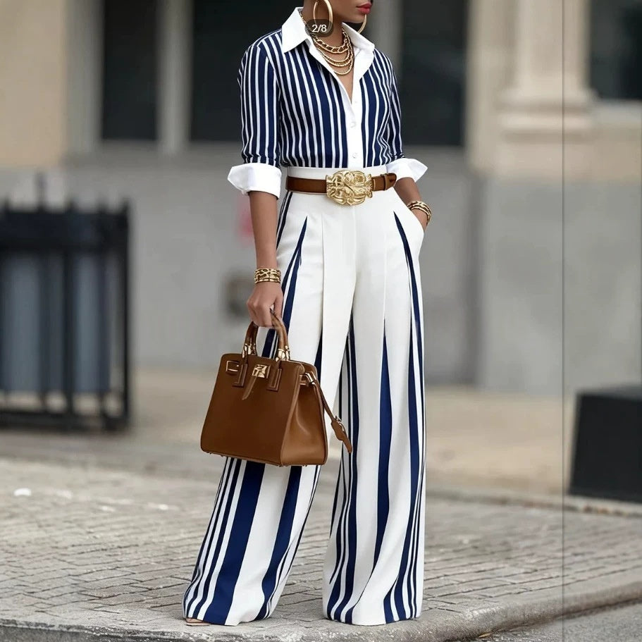 Striped Shirt And Vertical-striped Wide-leg Pants Set by Royal Closet