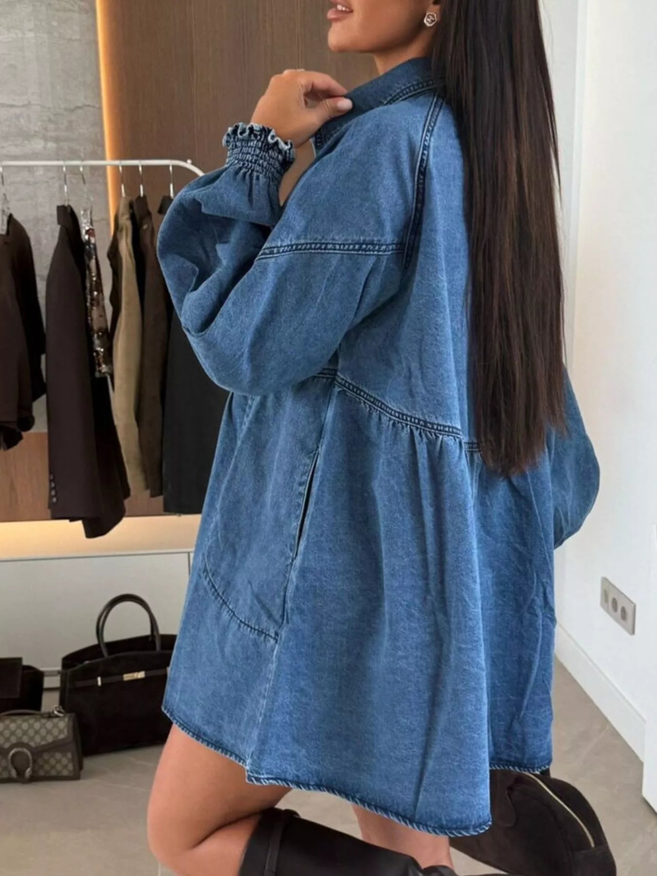 Button Down Mini Denim Dress with Front Pockets by Trendsi