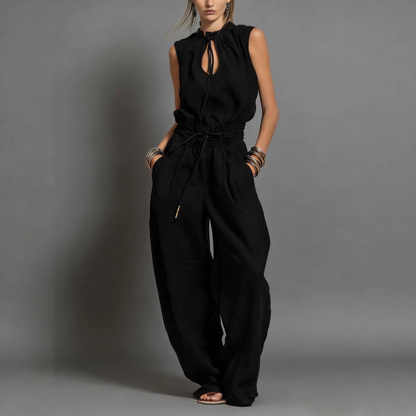 Womens Waist-Cinching Wide-leg Jumpsuit by Royal Closet
