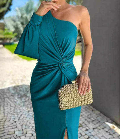 Women's Diagonal Shoulder Knot Split Solid Color Slim Fit Dress by Royal Closet