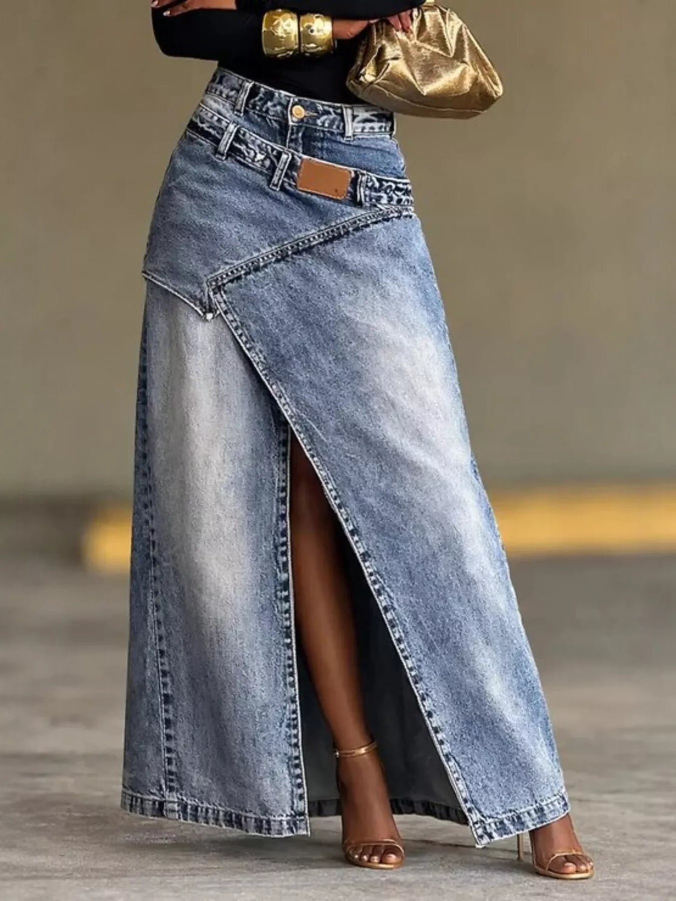 High-Waisted Slit Denim Skirt by Trendsi
