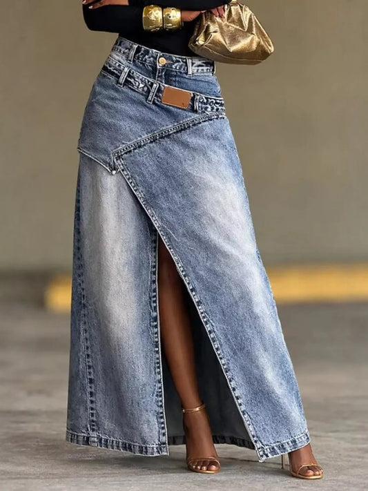 High-Waisted Slit Denim Skirt by Trendsi