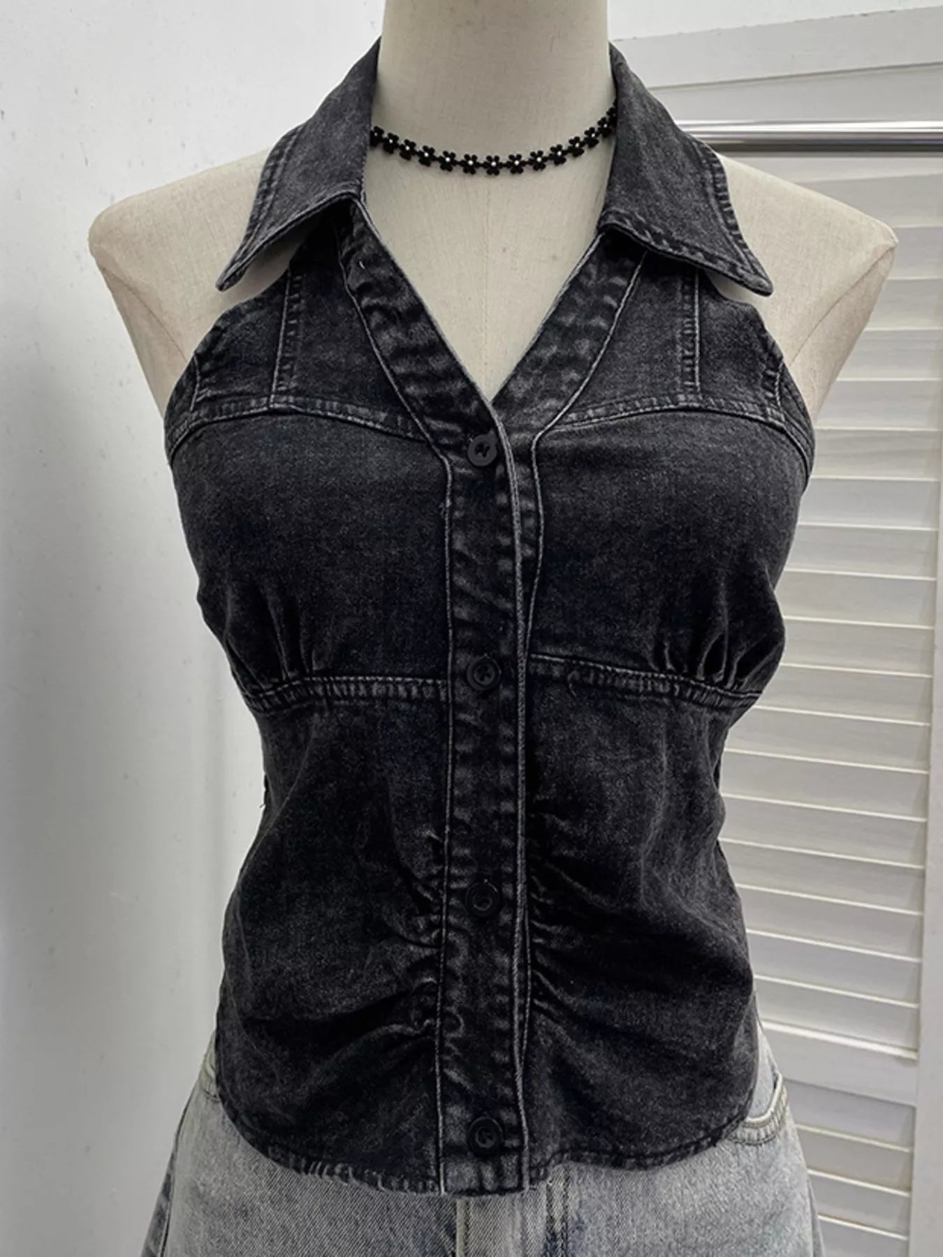 Smocked Denim Halter Collar Top by Trendsi