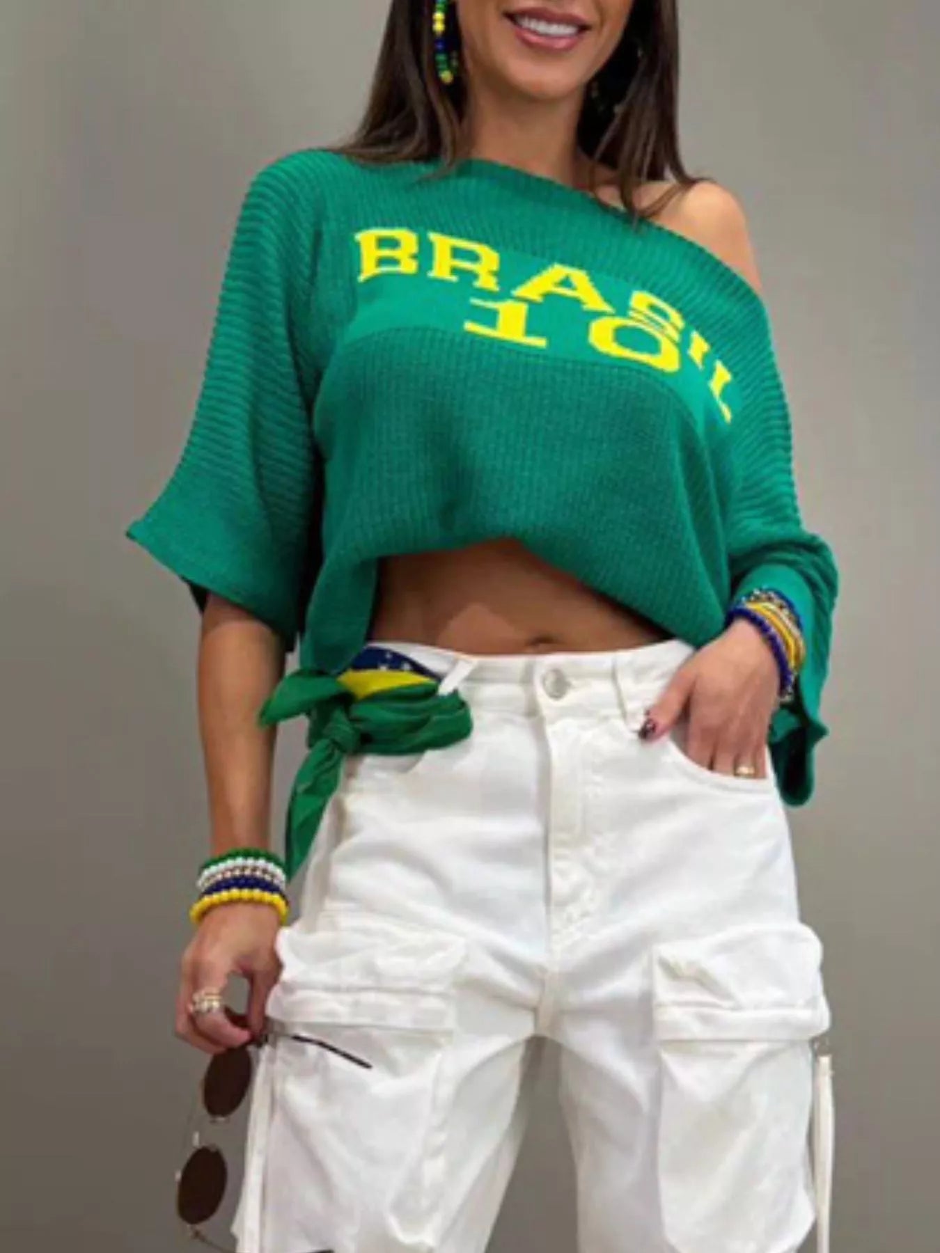 Brasil Letter Boat Neck Sweater by Trendsi
