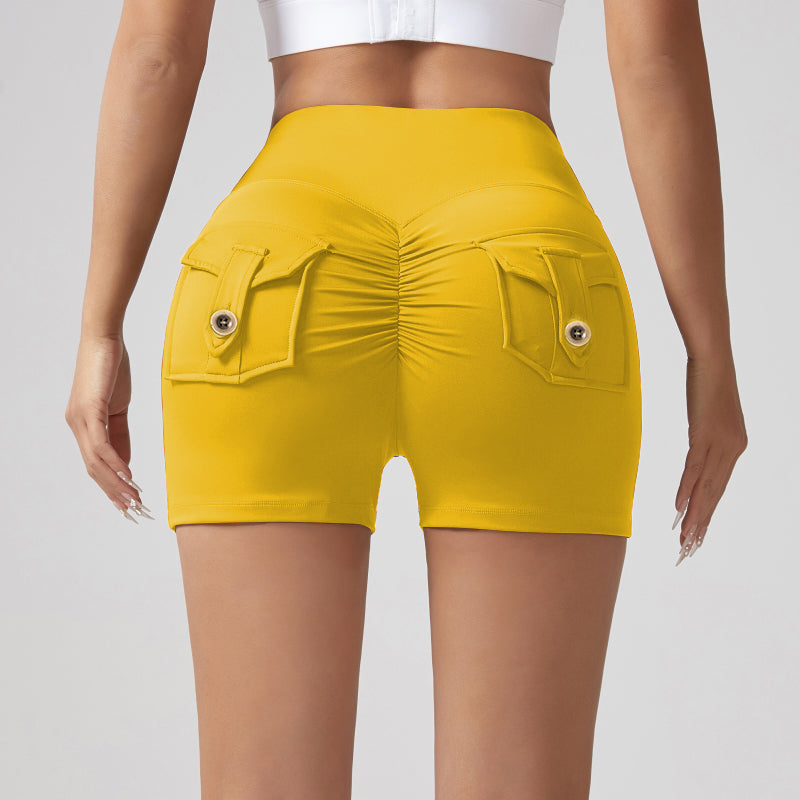 V-waist Stretch Yoga Workwear, Pocket Button Tight Pants, Women's Peach Hip Running And Fitness Shorts by Royal Closet