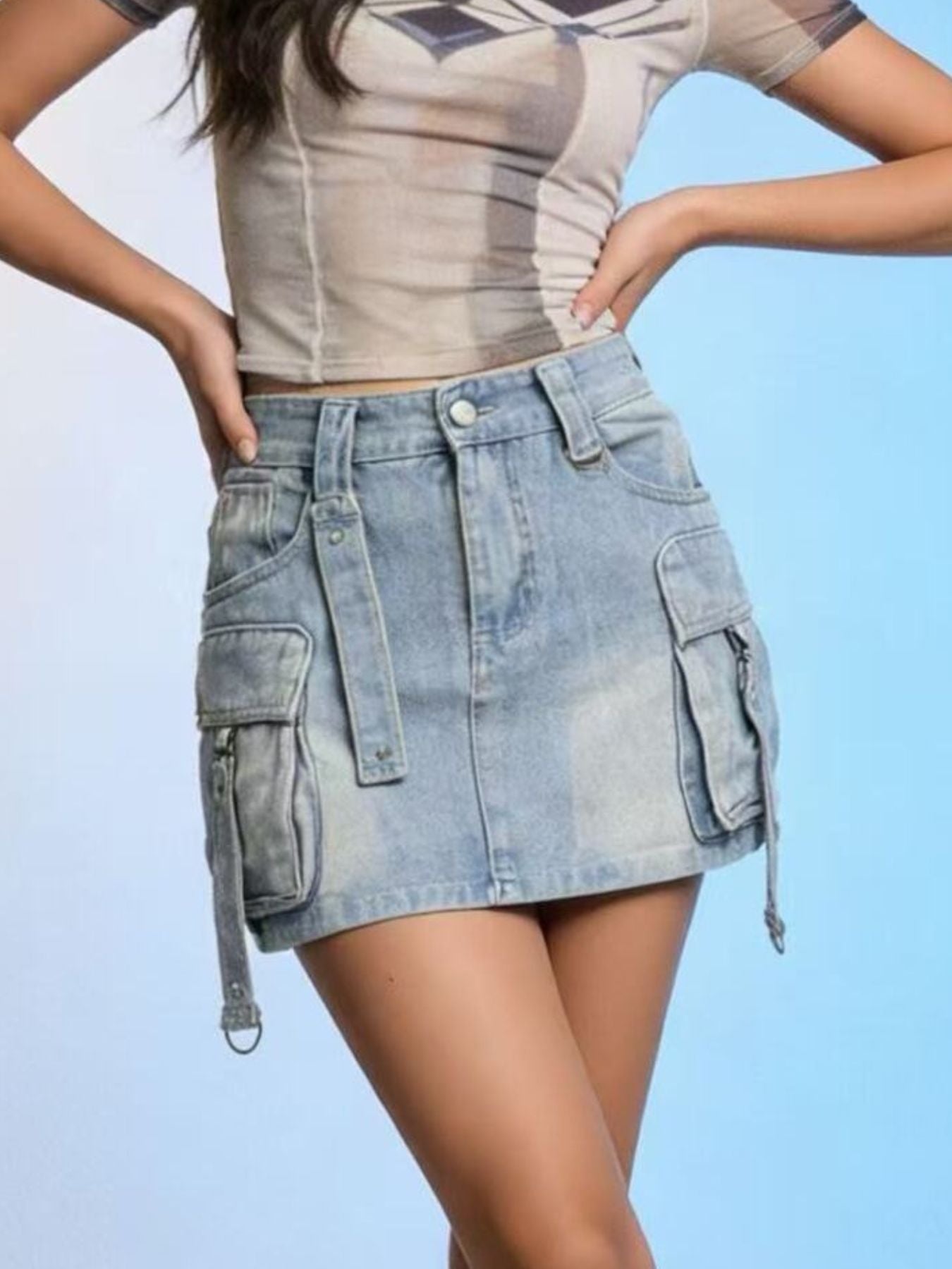 Washed Cargo Denim Skirt by Trendsi