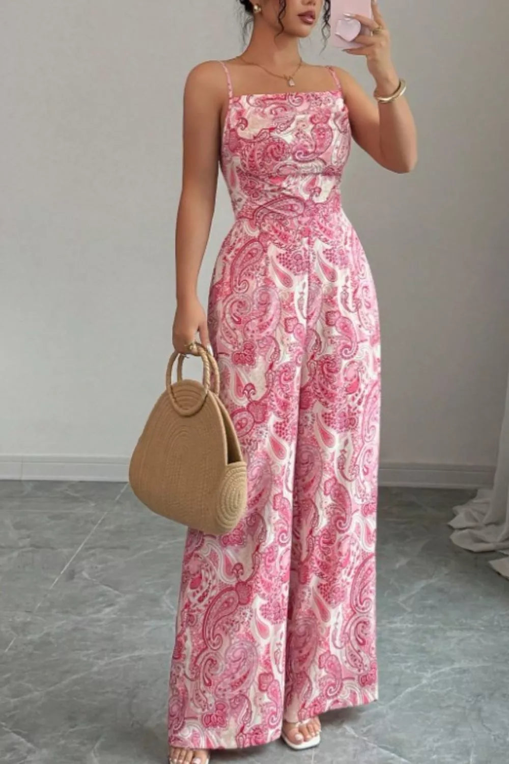 Paisley Print Wide Leg Jumpsuit by Trendsi