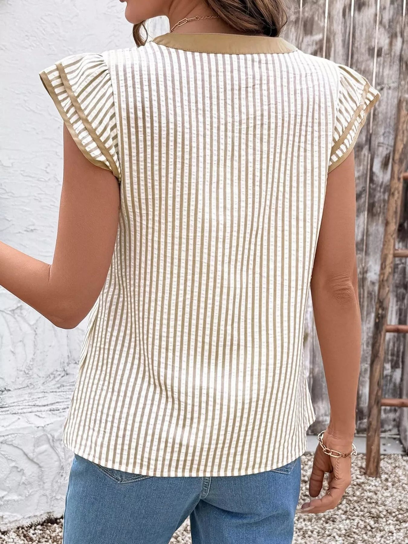 Striped Ruffle Sleeve Blouse by Trendsi