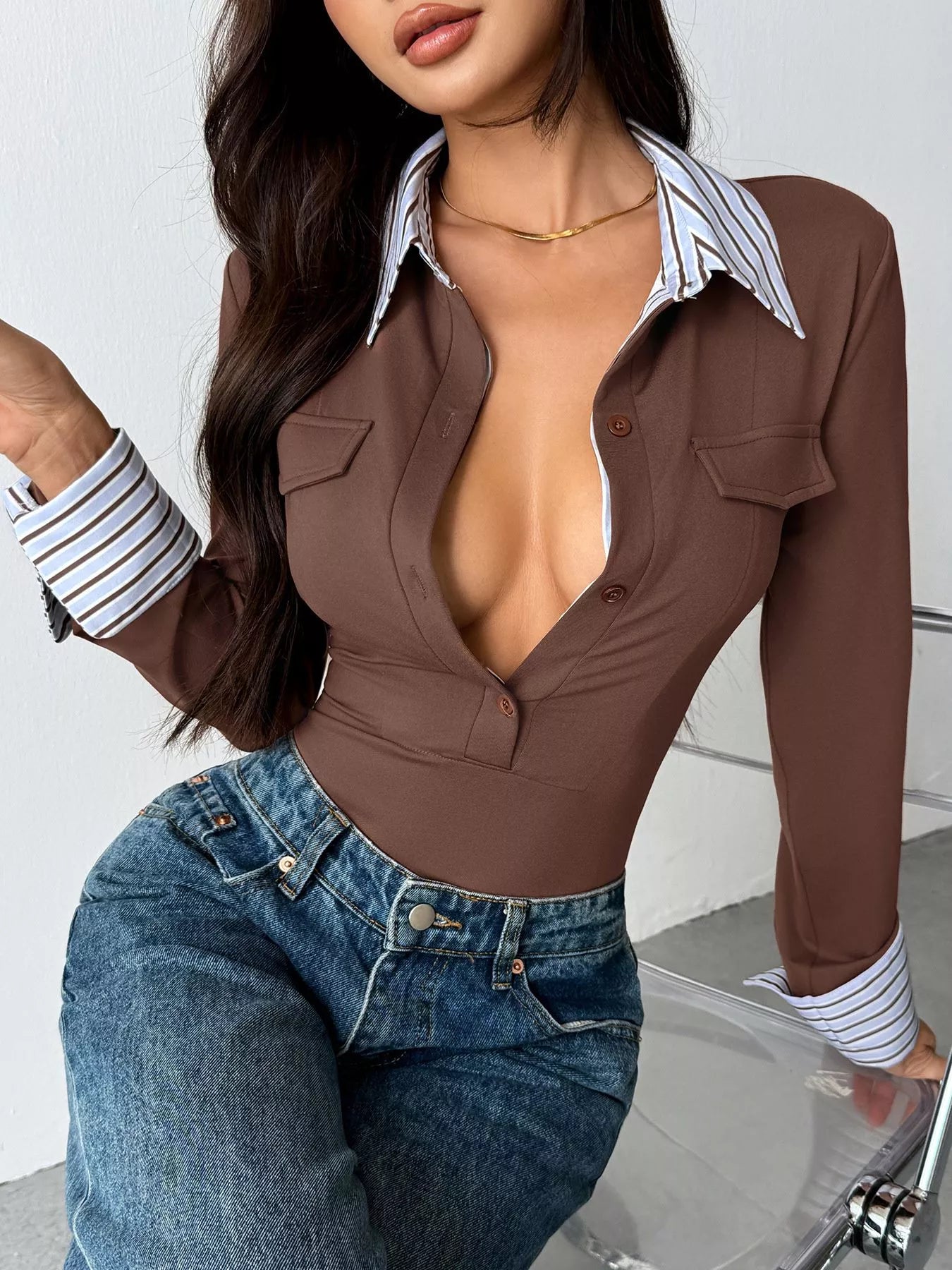 Long Sleeve Button Front Bodysuit by Trendsi