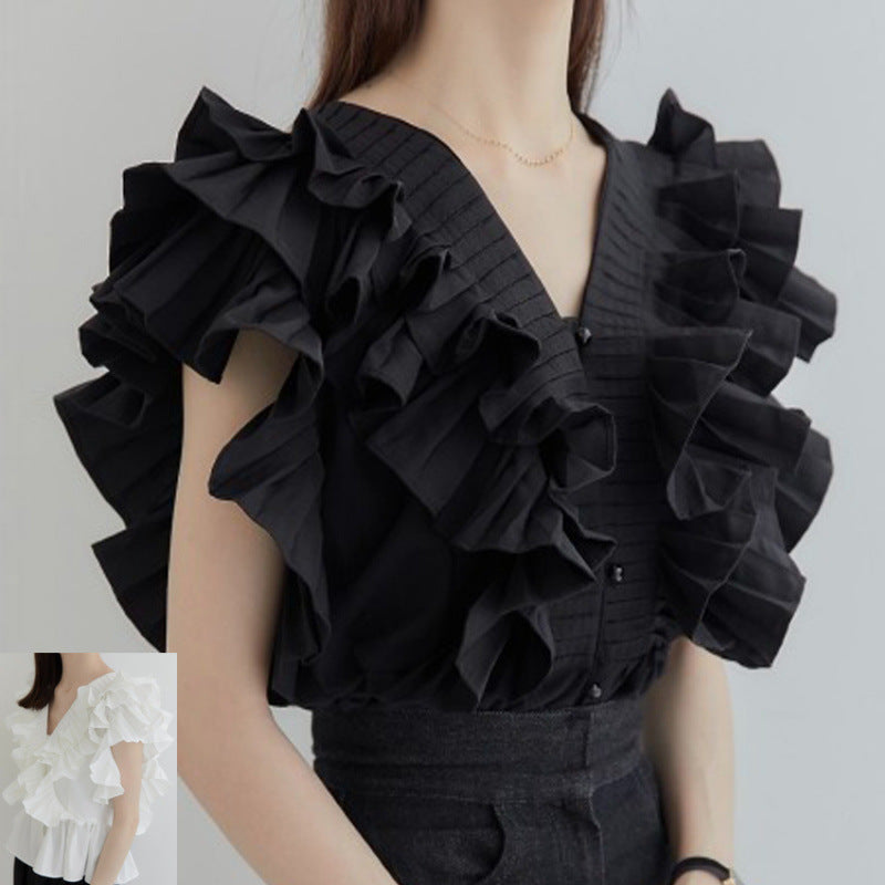 Womens Single-breasted Ruffled Pleated Short Blouse by Royal Closet