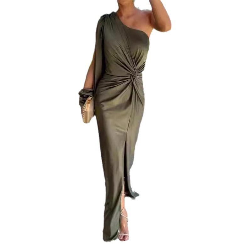 Women's Diagonal Shoulder Knot Split Solid Color Slim Fit Dress by Royal Closet