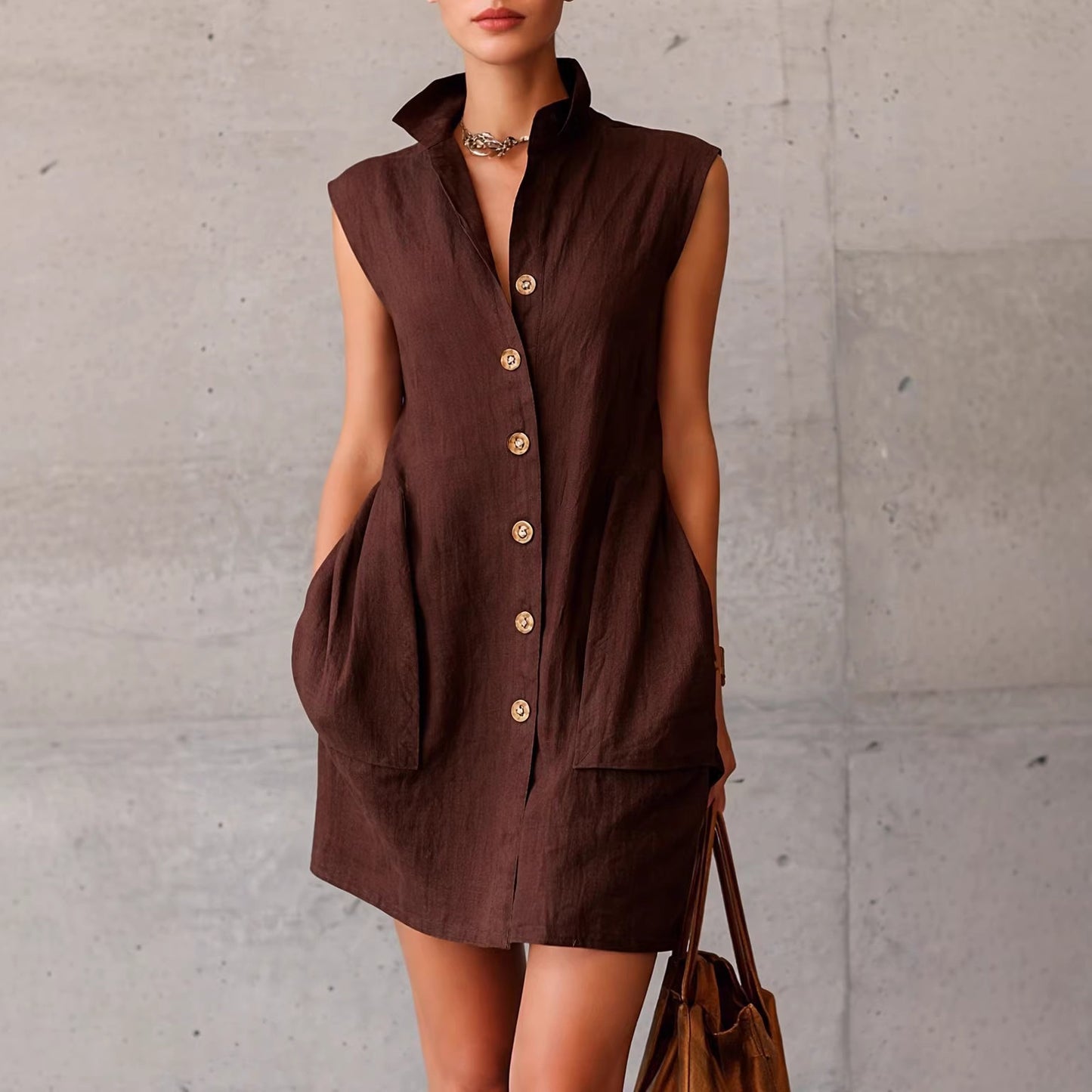 Womens Summer Slimming Sleeveless Stand-Collar Shirt Dress by Royal Closet