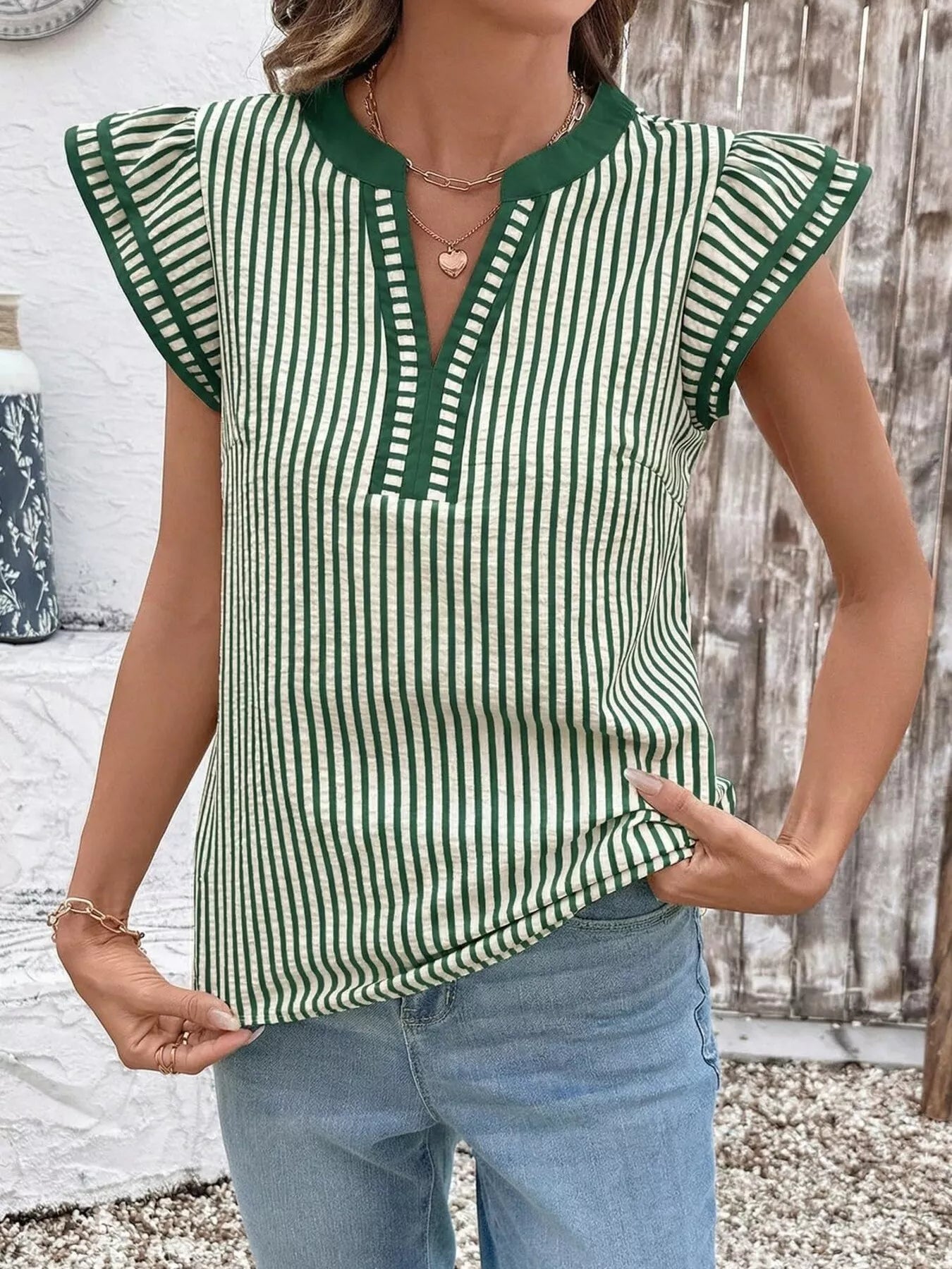 Striped Ruffle Sleeve Blouse by Trendsi
