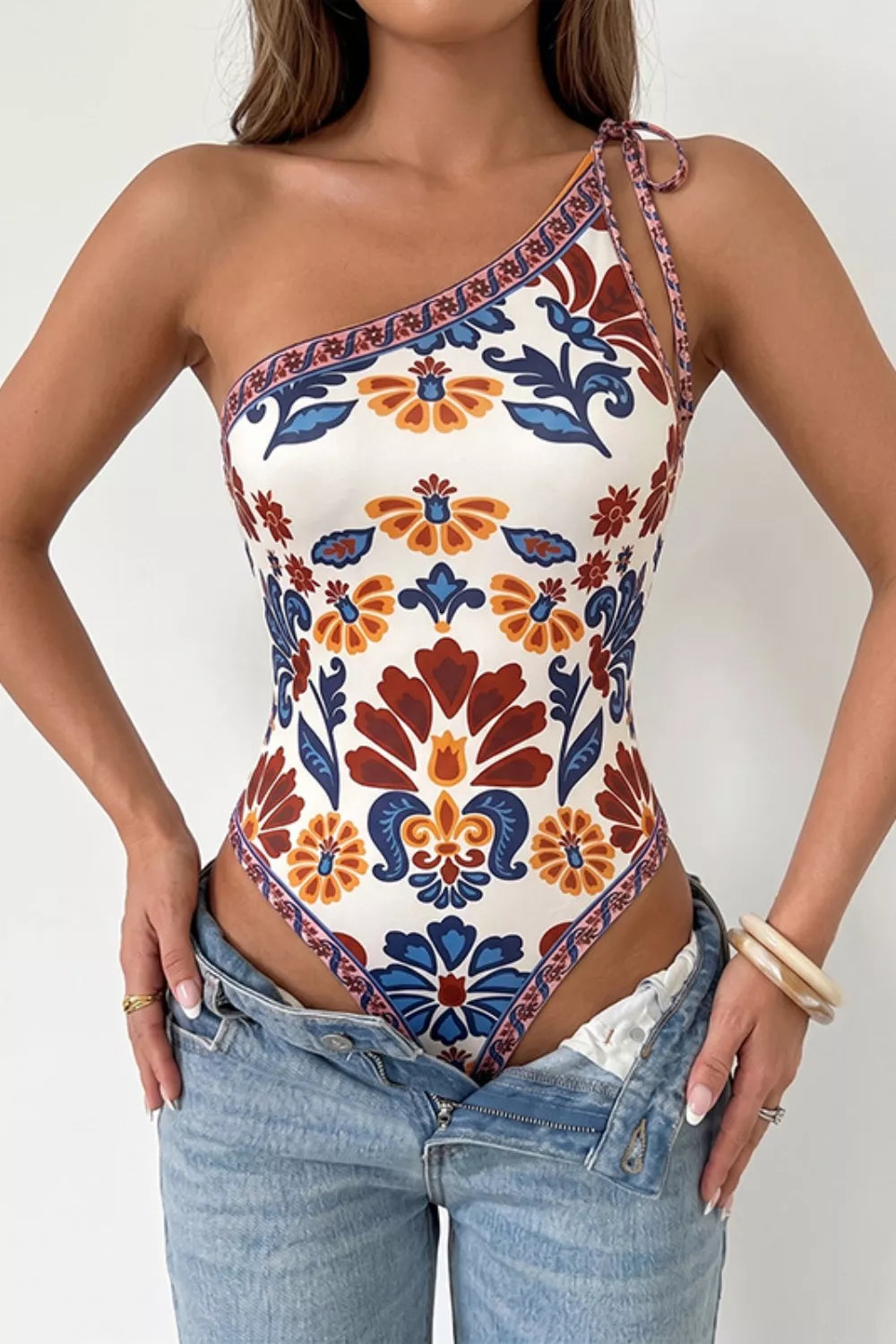 Floral Print One-Shoulder Tie Bodysuit by Trendsi