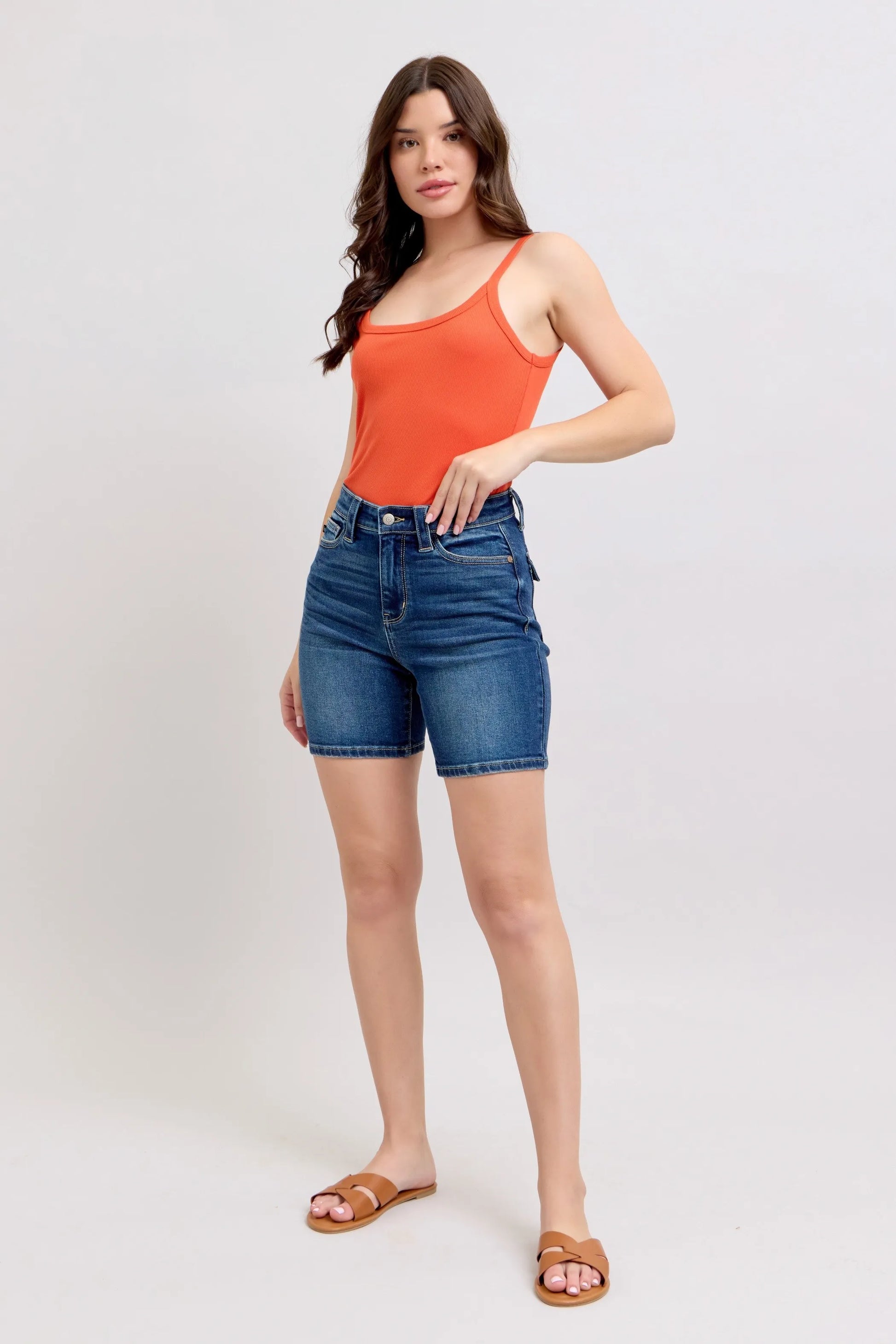 Judy Blue Full Size High Waist Bermudas Jeans W/ Back Flap Pockets Plus Size by Trendsi