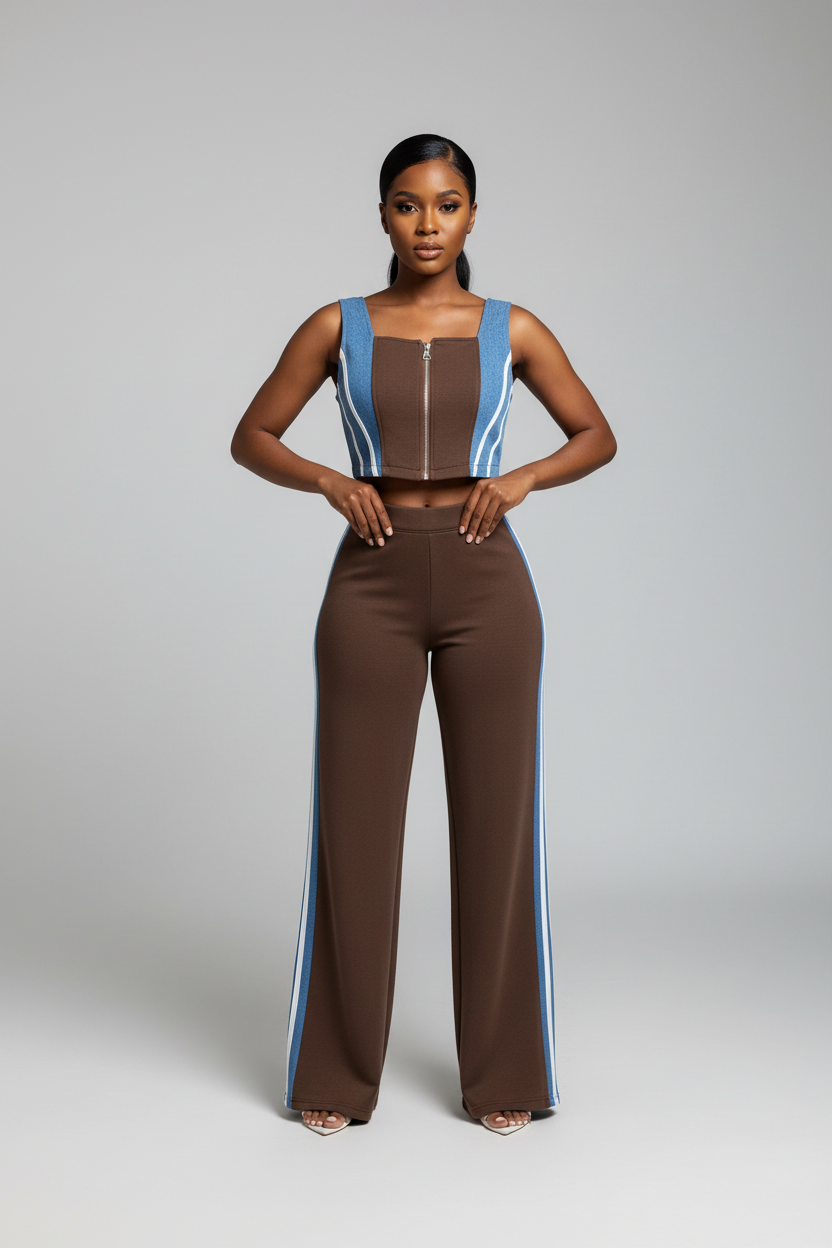 Zip Front Contrast Tank and Side Striped Pants Set by Trendsi