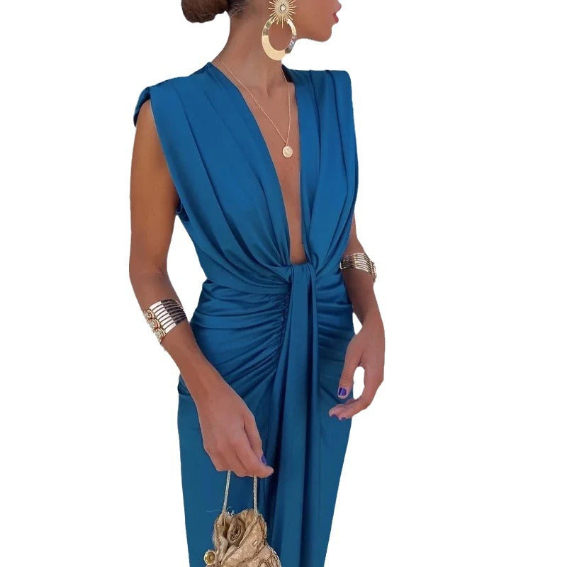 Solid Color Lace High Waist V-neck Dress by Royal Closet