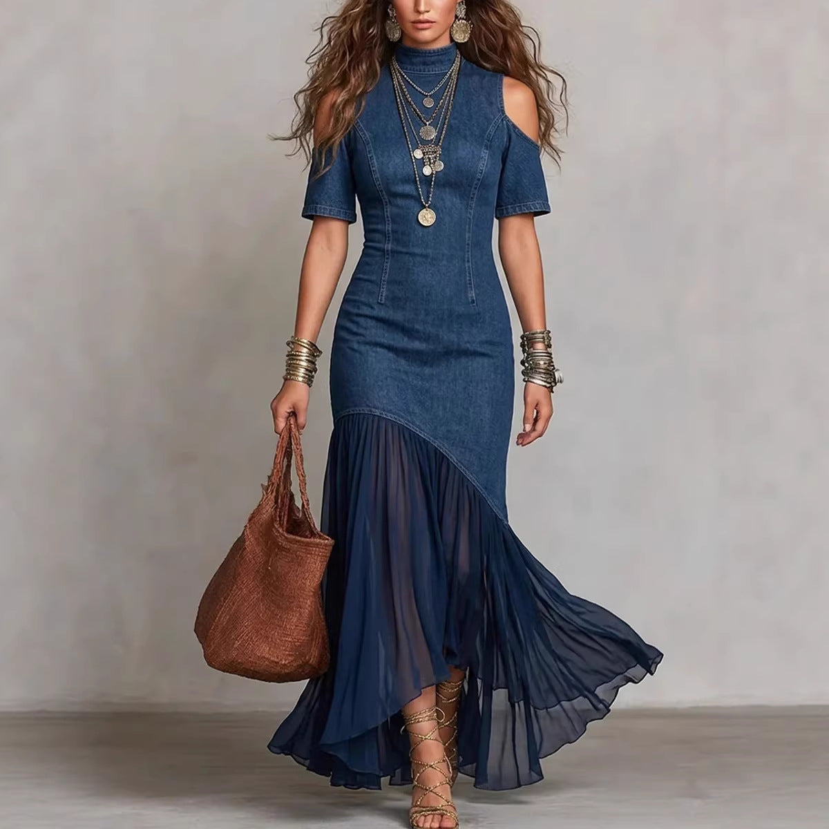 Off-shoulder Short-sleeve Mesh-hem Dress by Royal Closet