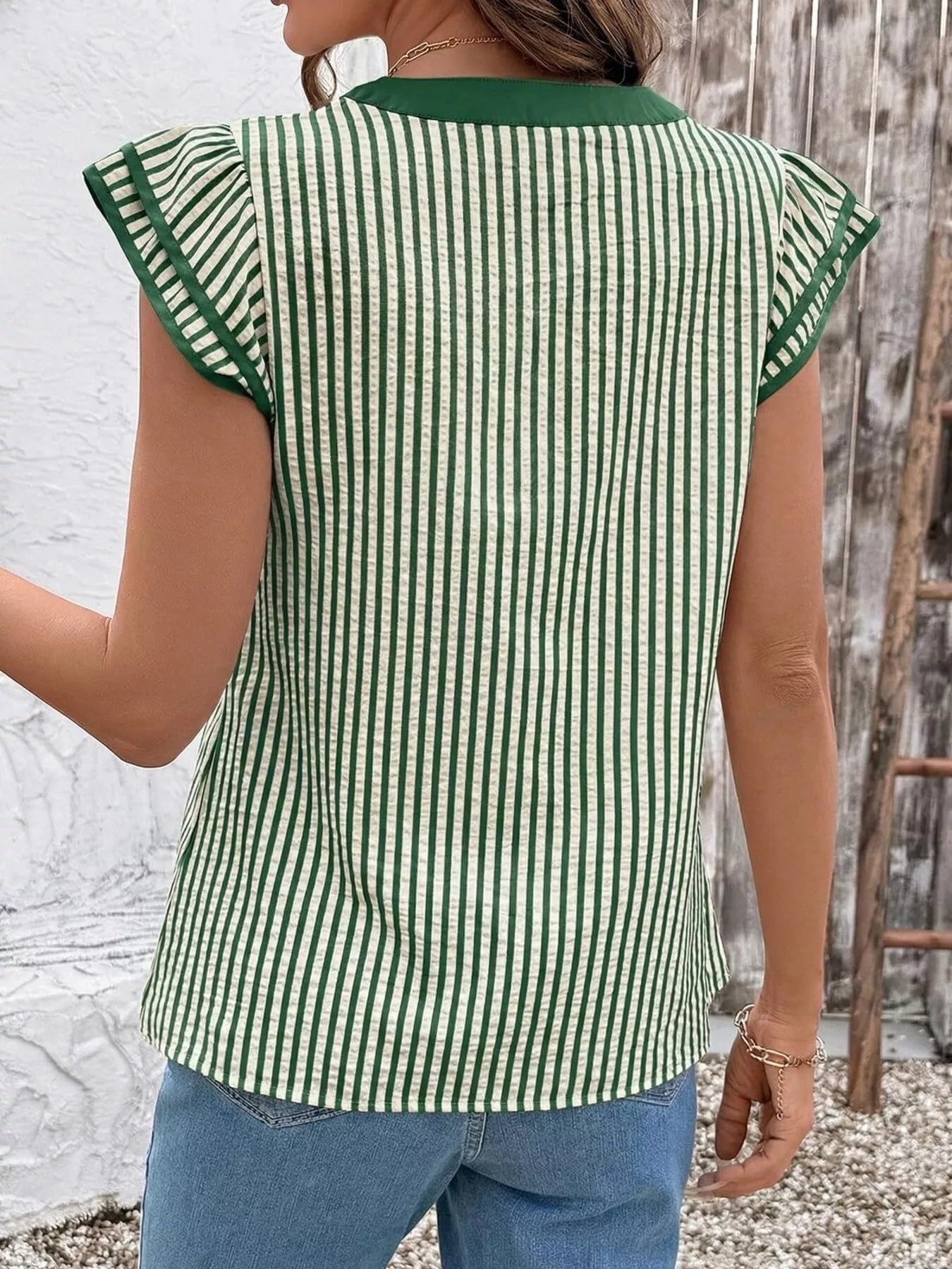 Striped Ruffle Sleeve Blouse by Trendsi