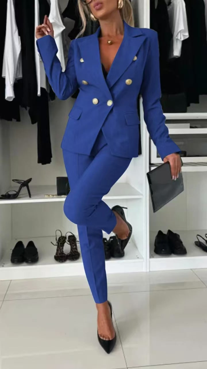 Casual Blazer Suit Slim Lapel Double-breasted Jacket And Zip-up Trousers Women's Clothing by Royal Closet