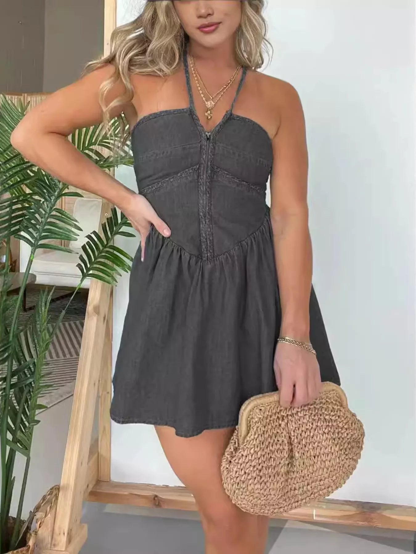 Full Size Denim Halter Neck Mini Dress Plus Size by Trendsi