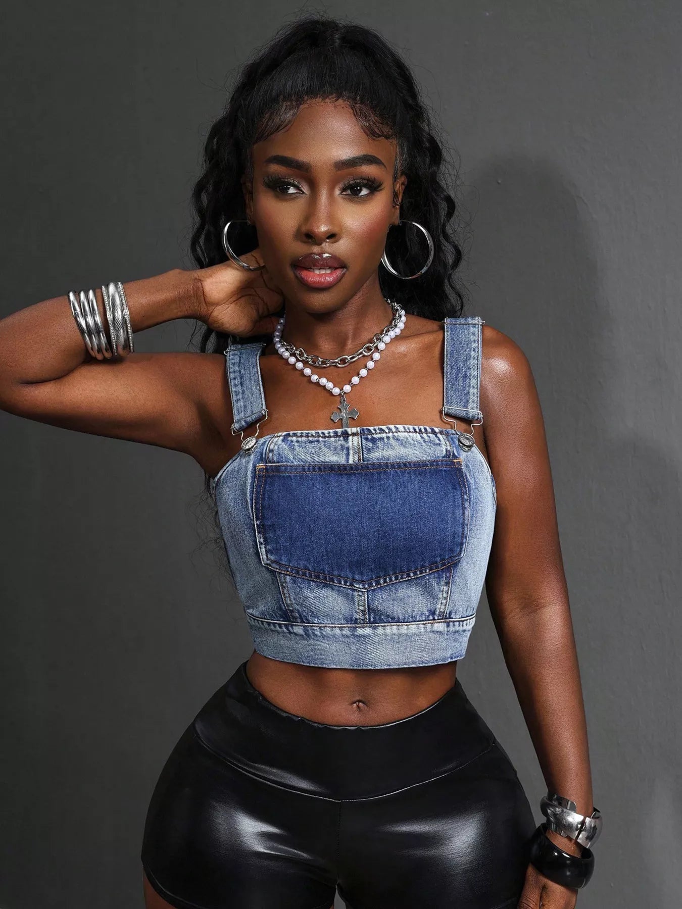 Cropped Denim Top with Adjustable Straps by Trendsi