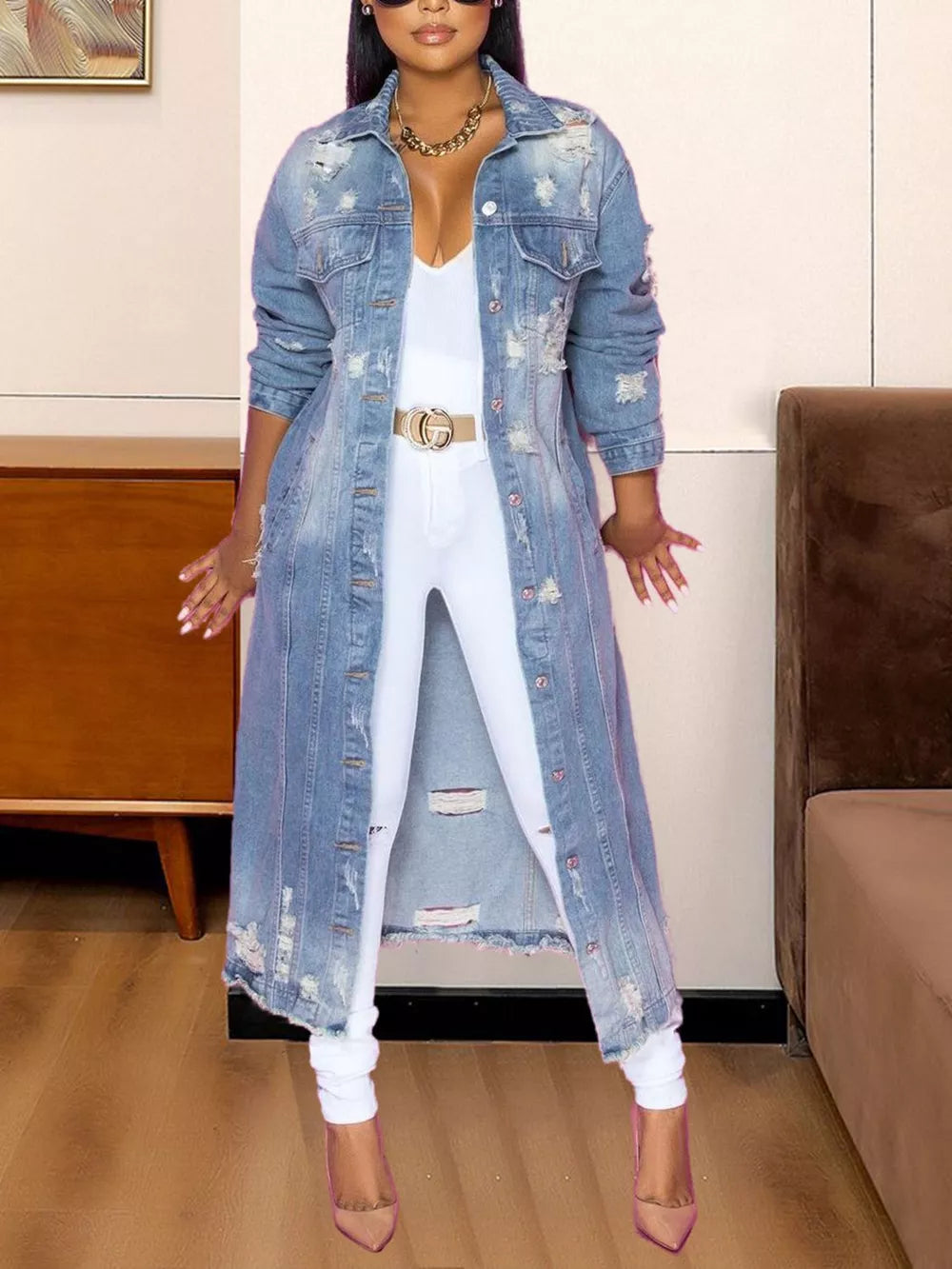 Long Sleeve Raw Hem Denim Jacket by Trendsi