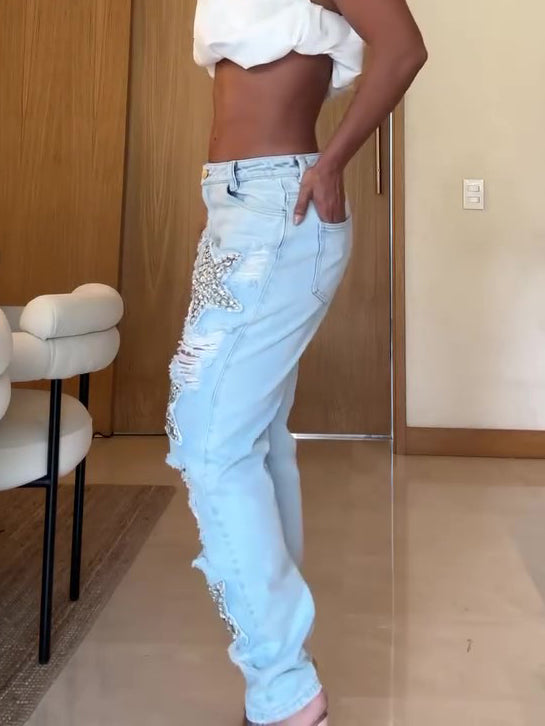 Five-pointed Star Hot Diamond Ripped Jeans by Royal Closet