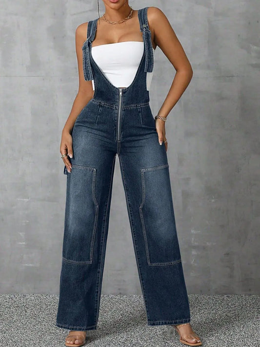 Zip Front Wide Strap Denim Overalls by Trendsi