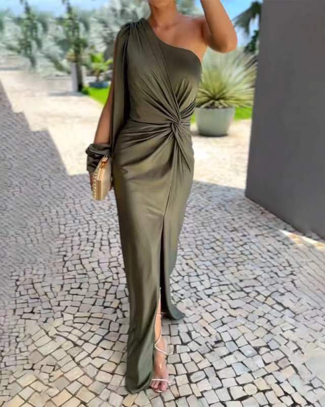 Women's Diagonal Shoulder Knot Split Solid Color Slim Fit Dress by Royal Closet