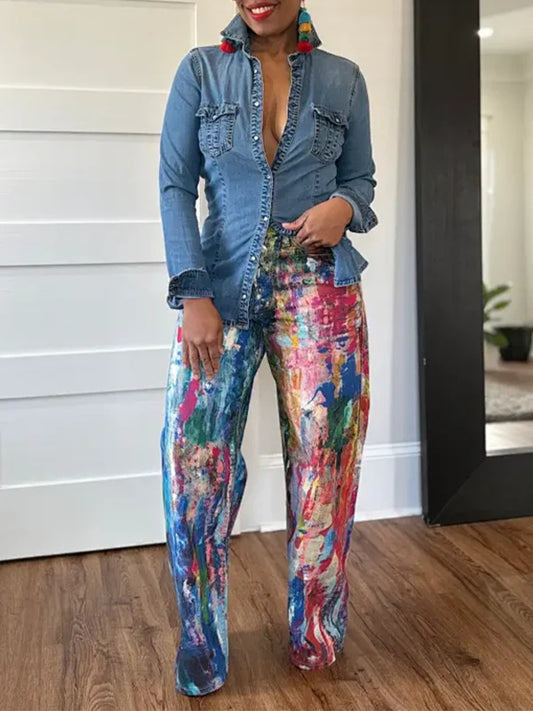 Painted Wide Leg Pants by Trendsi