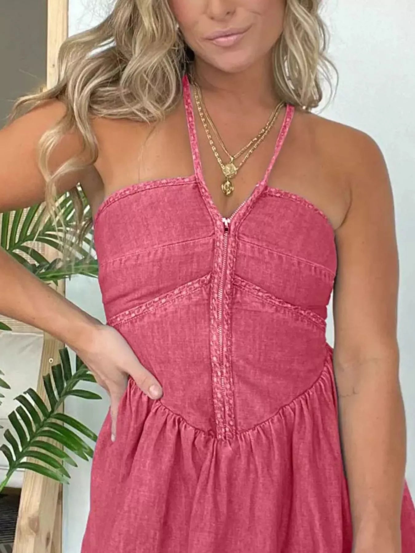 Full Size Denim Halter Neck Mini Dress Plus Size by Trendsi